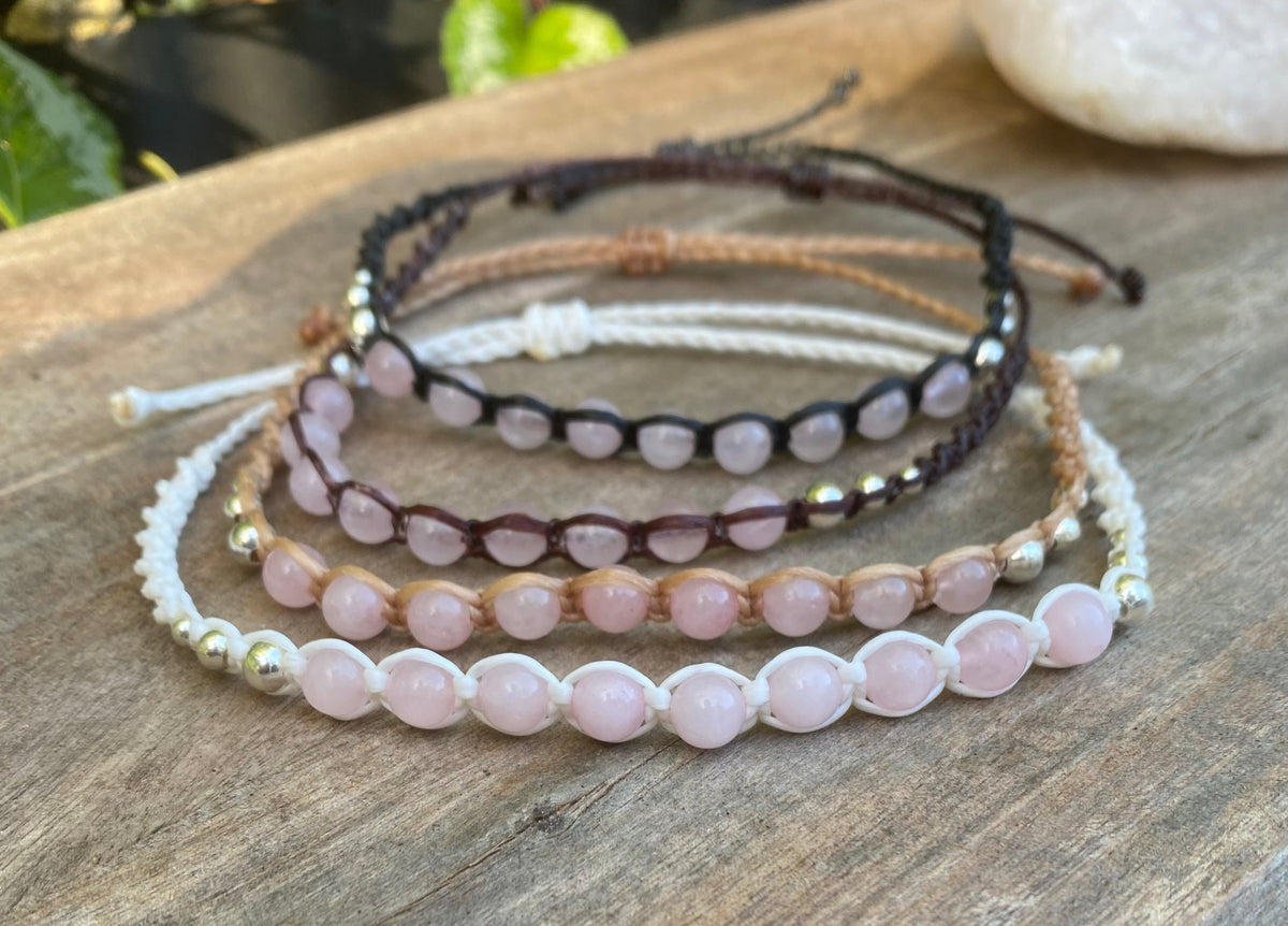 Rose Quartz Beaded Anklet: Macrame Adjustable Waterproof