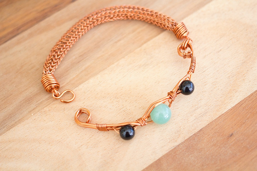 Copper Viking Wire Knitted Gemstone Bracelet  | Aventurine and Onyx Jewellery