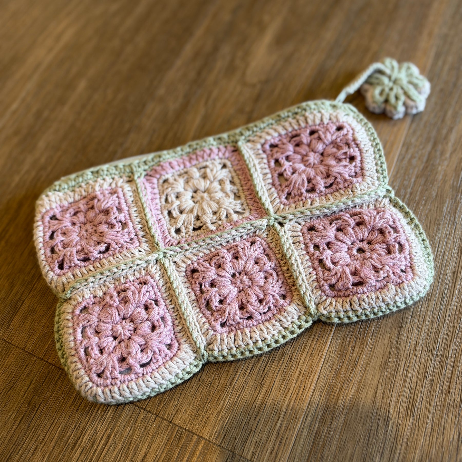 Pastel Pink & Sage Crochet Pouch – Handmade Granny Square Makeup Bag