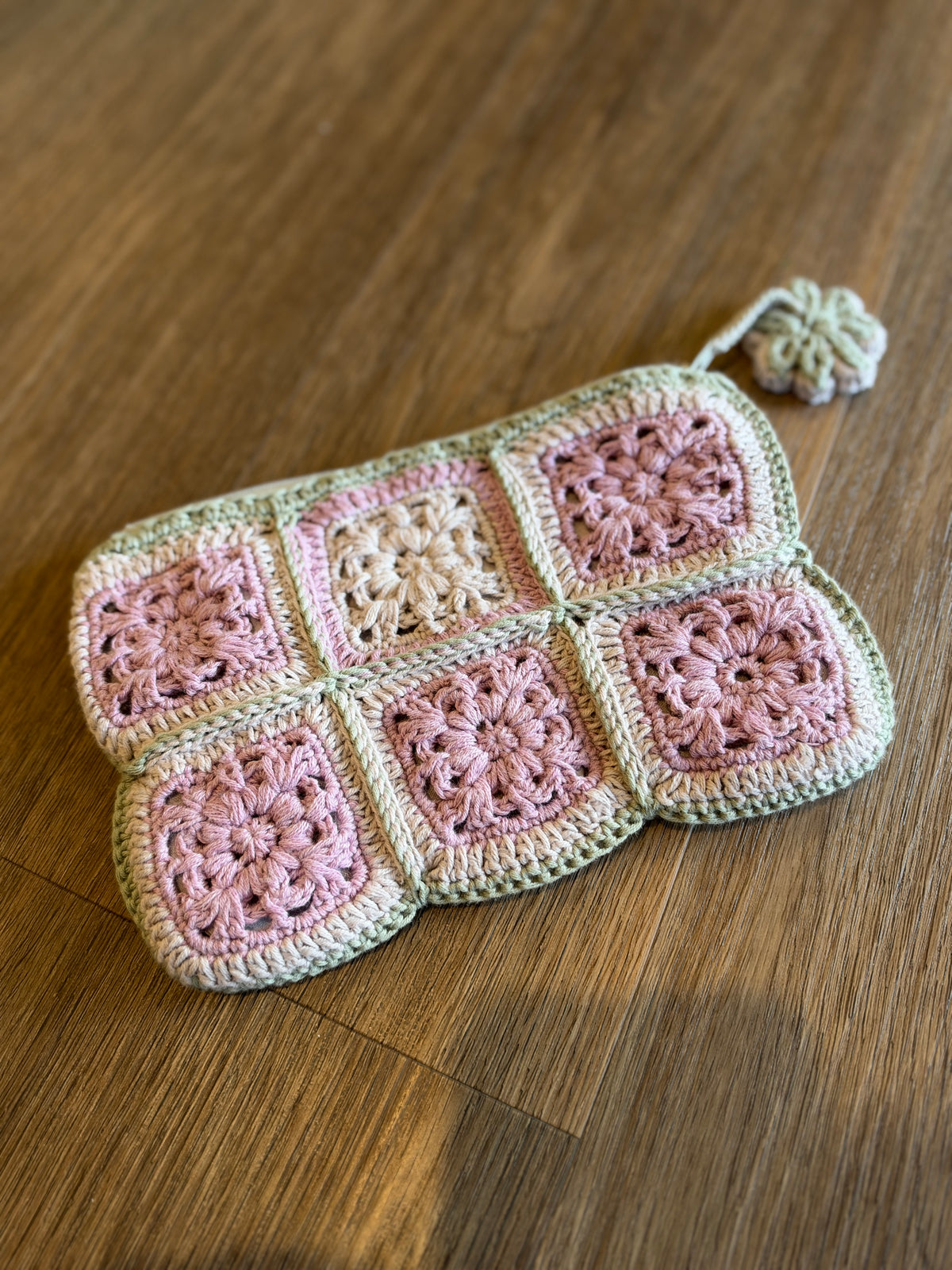 Pastel Pink & Sage Crochet Pouch – Handmade Granny Square Makeup Bag