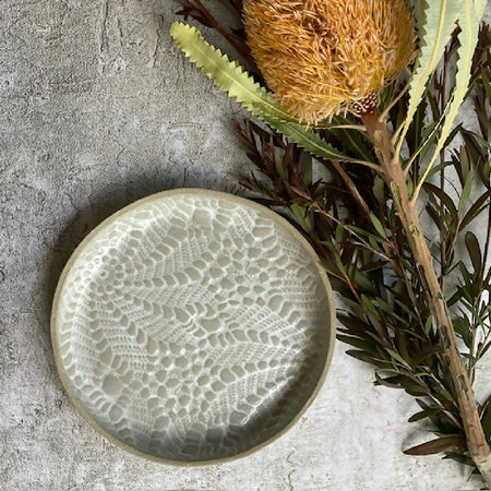 Stoneware serving plate|Trinket tray|Round form - Small|Vintage doily imprint|Swirly floral