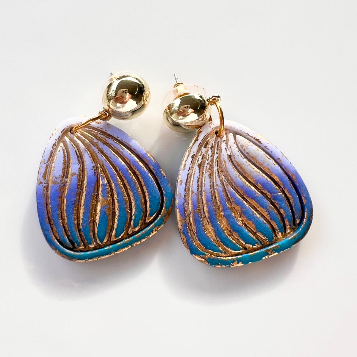 Earrings~Dangles~Blue~Gold Leaf~Polymer Clay ~Lightweight