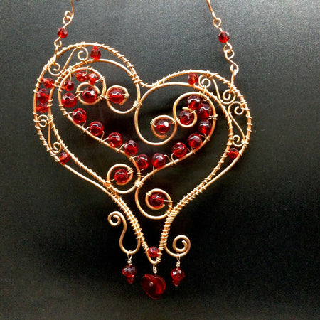 Jewelled-Decor/Heart/Red-Crystal-Glass-Beads/Copper-wire-wrapped