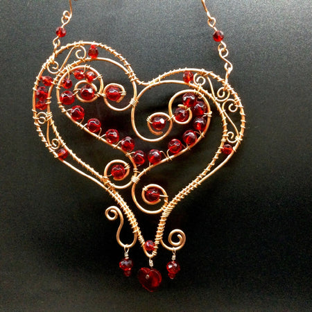 Red Glass Heart Window Decor Wire Wrapped with Copper