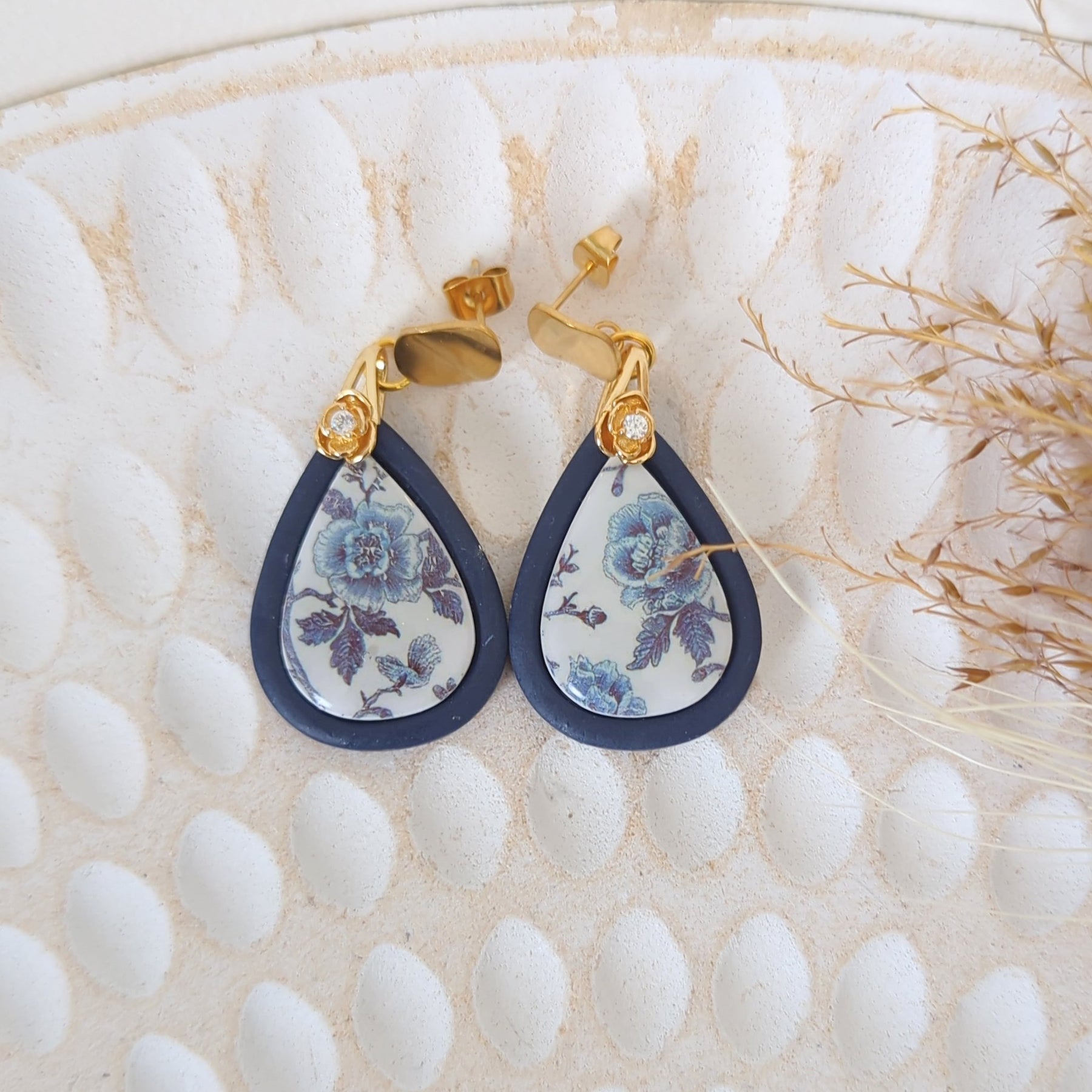 Navy Blue Rose with Gold Accent Drop Earrings