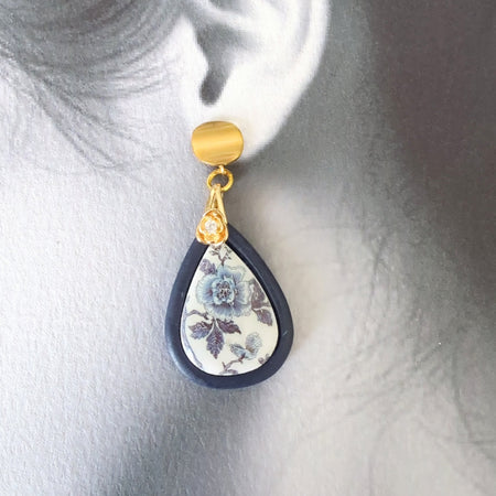 Navy Blue Rose with Gold Accent Drop Earrings