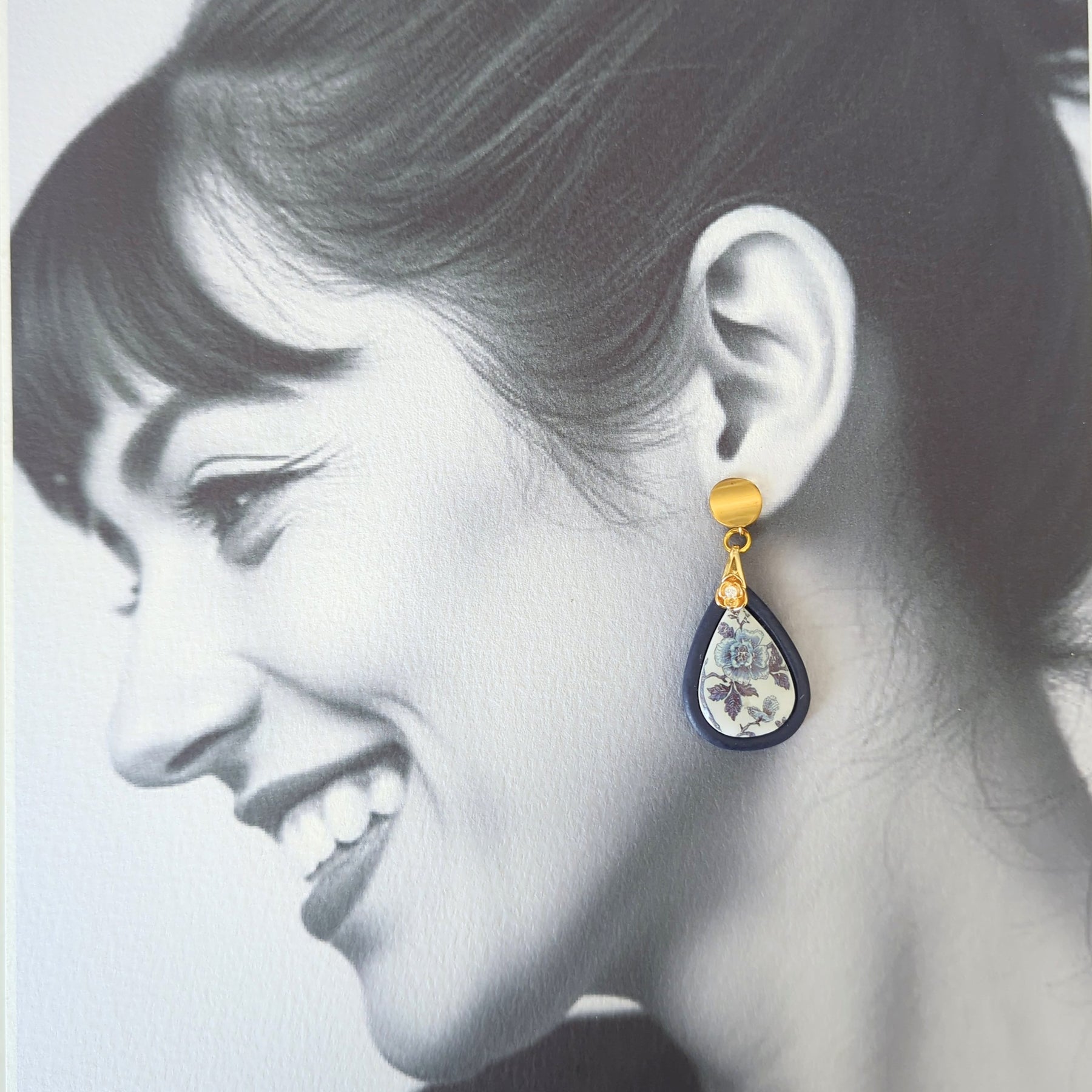 Navy Blue Rose with Gold Accent Drop Earrings