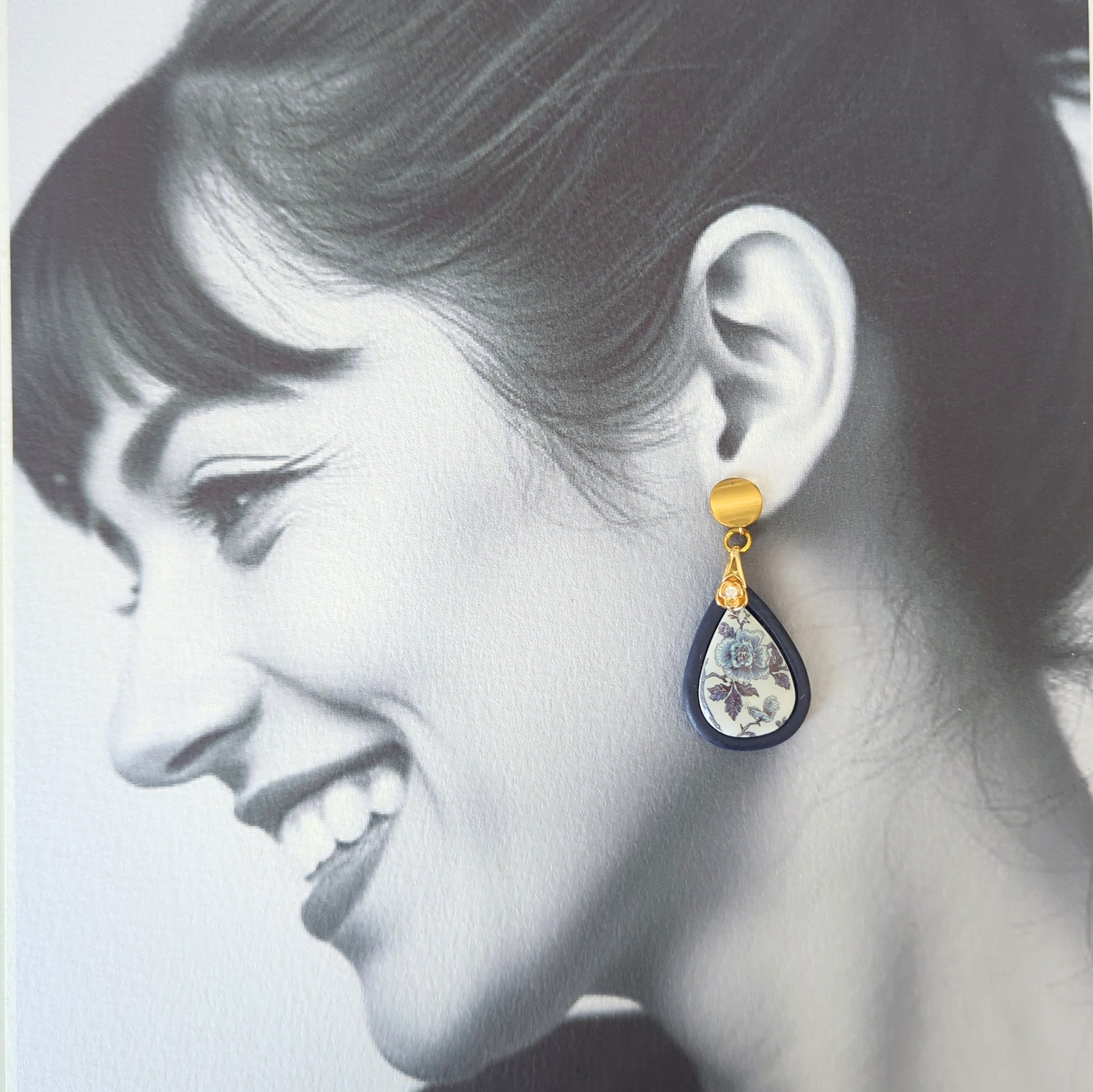 Navy Blue Rose with Gold Accent Drop Earrings