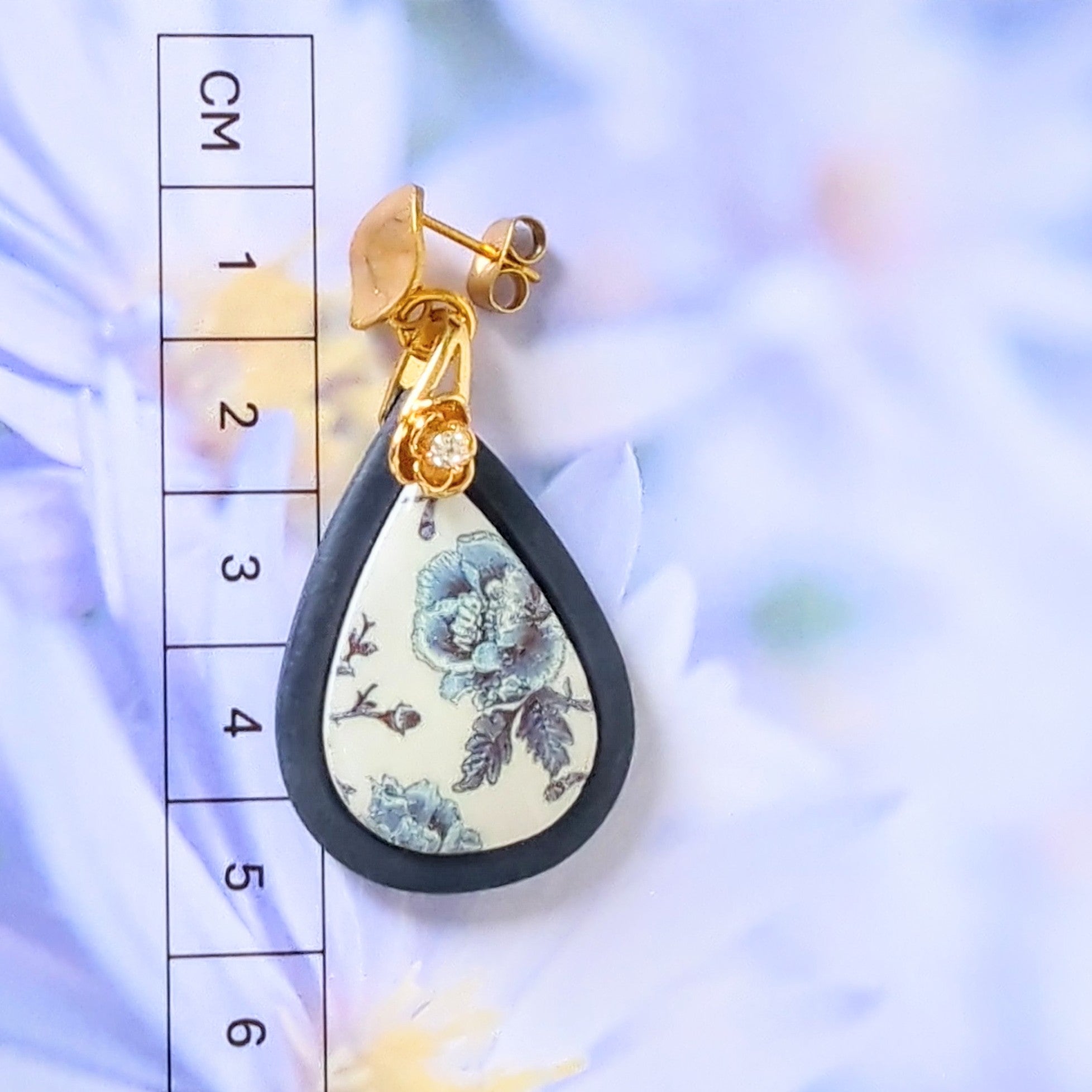 Navy Blue Rose with Gold Accent Drop Earrings