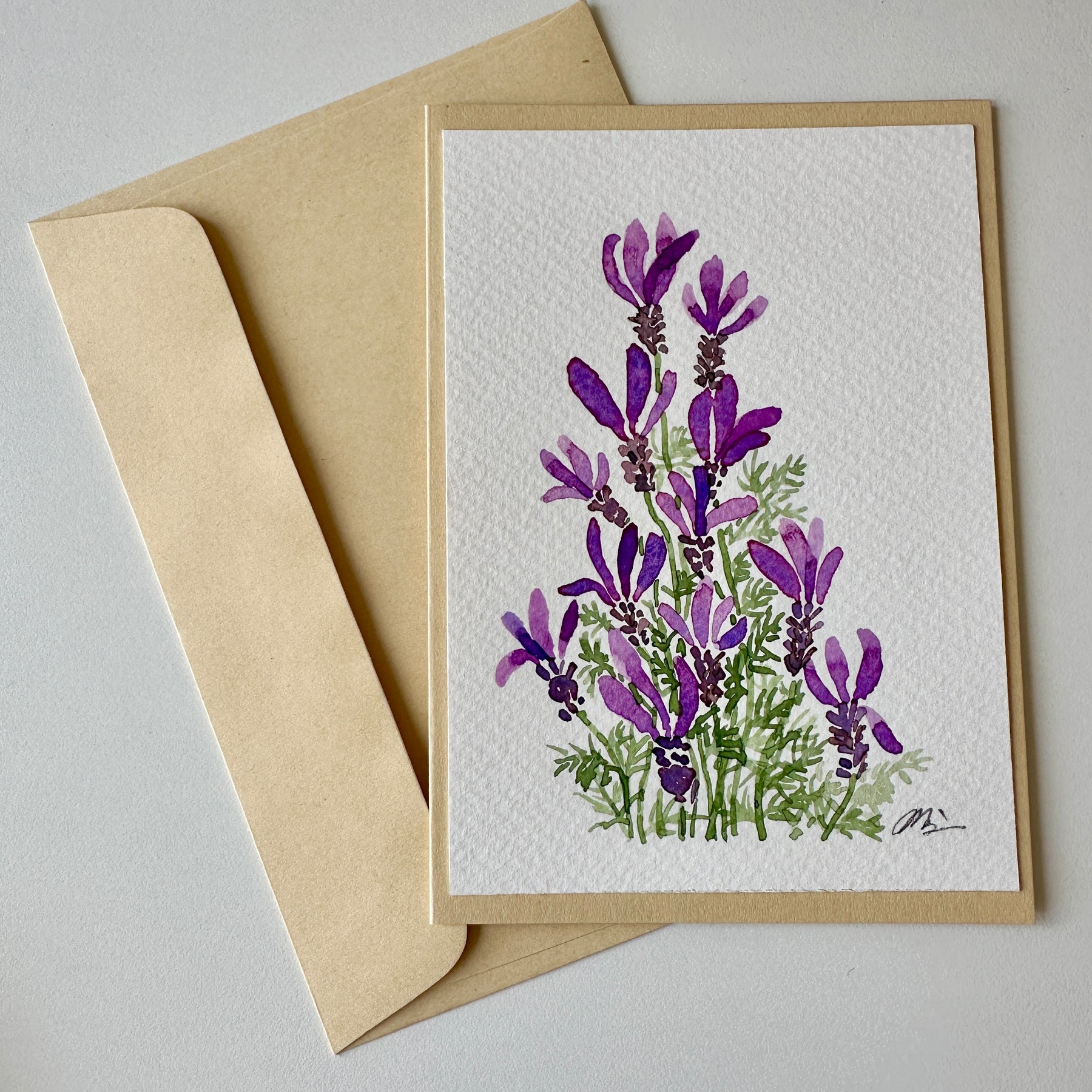 4 x hand-painted 'purple petals' floral cards