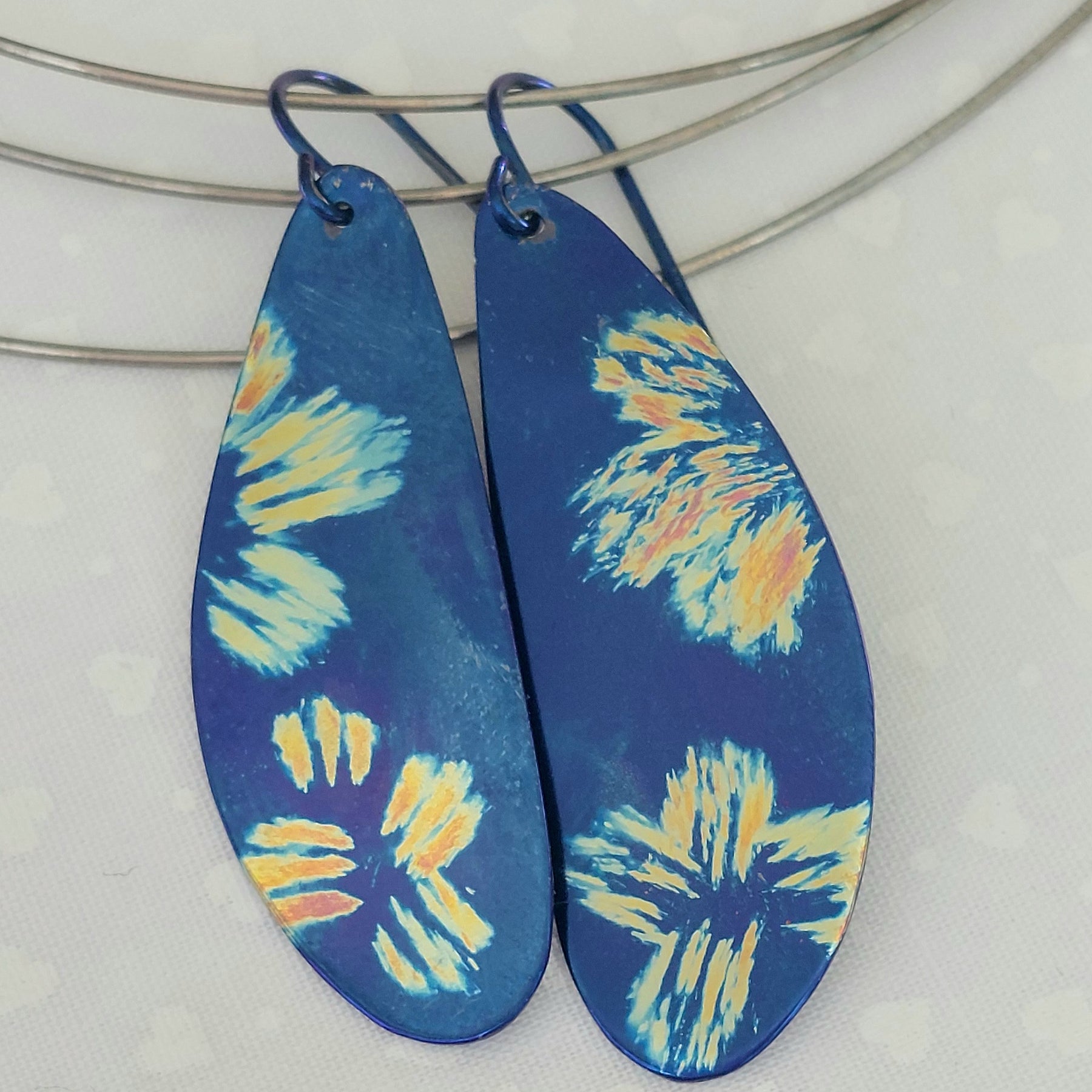 Deep Electric Blue Titanium Dangles with Painted Floral Design