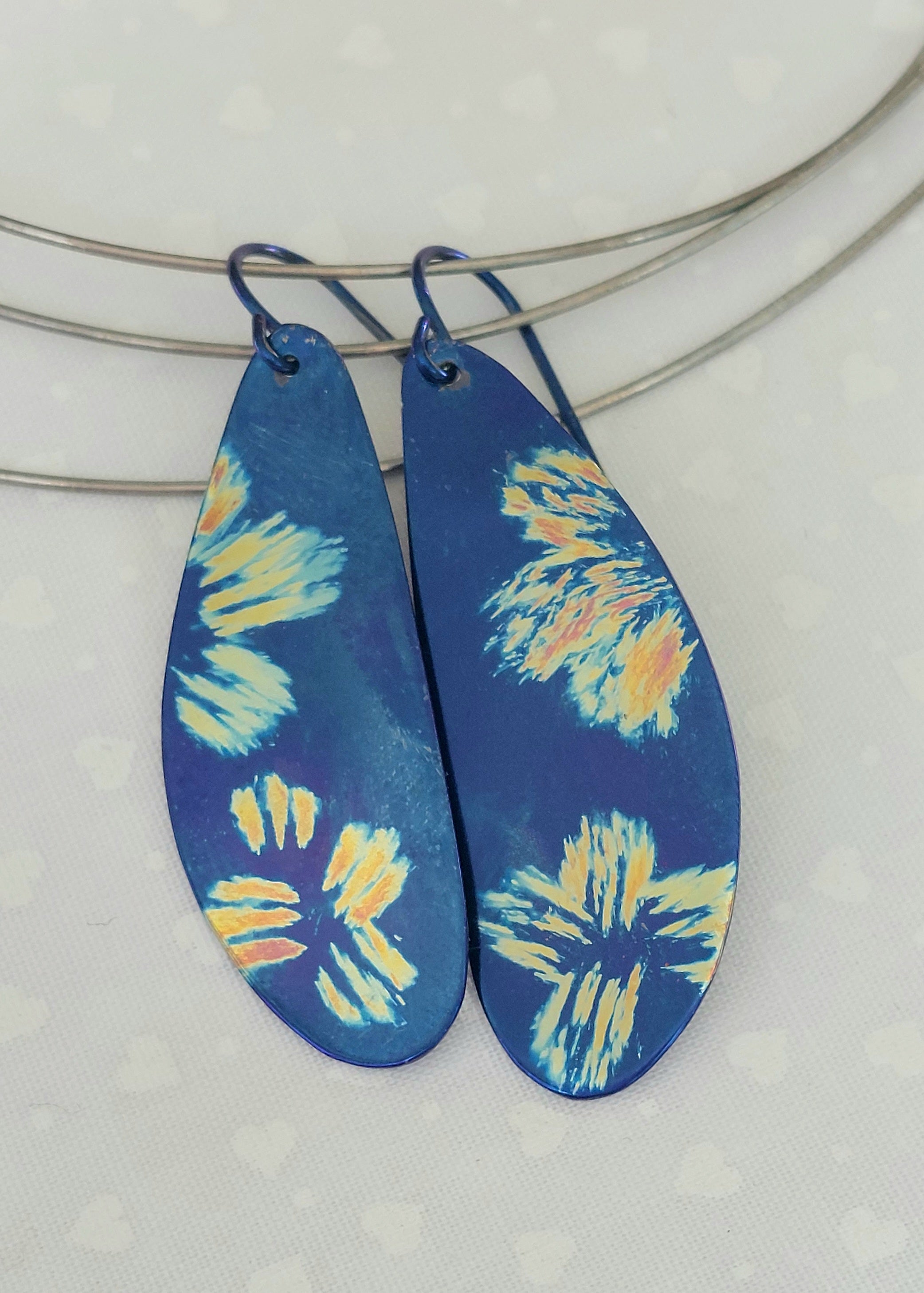 Deep Electric Blue Titanium Dangles with Painted Floral Design
