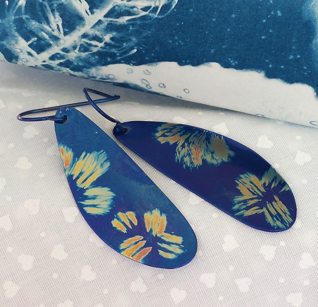 Deep Electric Blue Titanium Dangles with Painted Floral Design