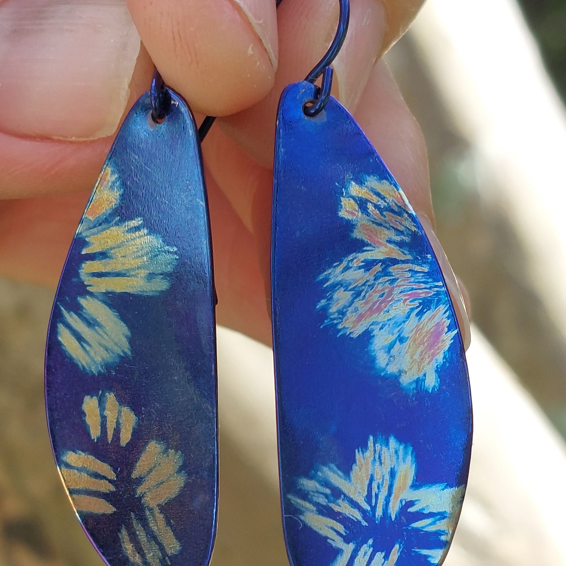 Deep Electric Blue Titanium Dangles with Painted Floral Design