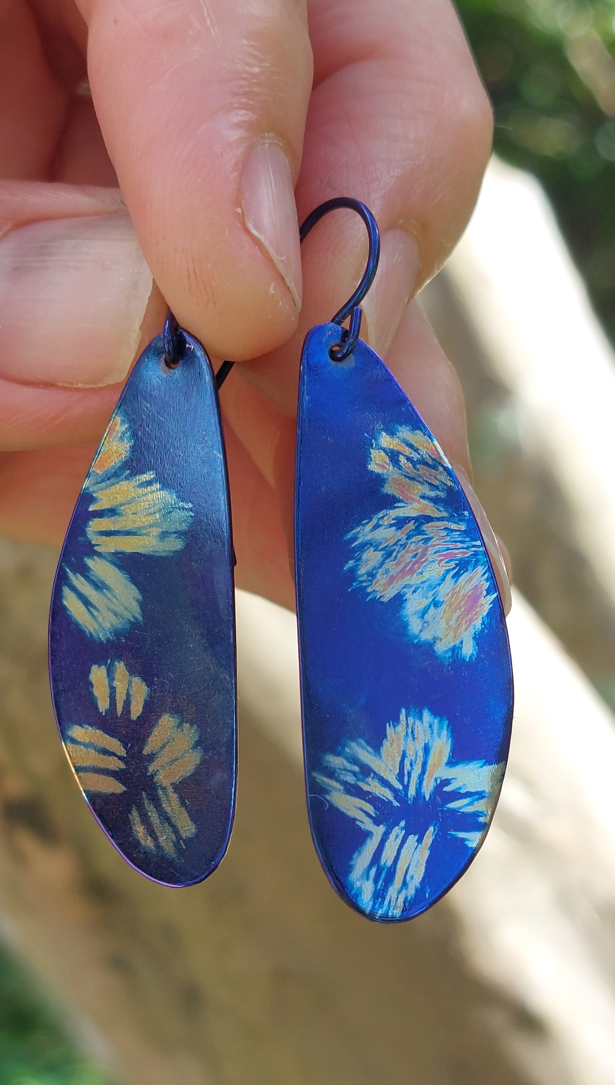 Deep Electric Blue Titanium Dangles with Painted Floral Design