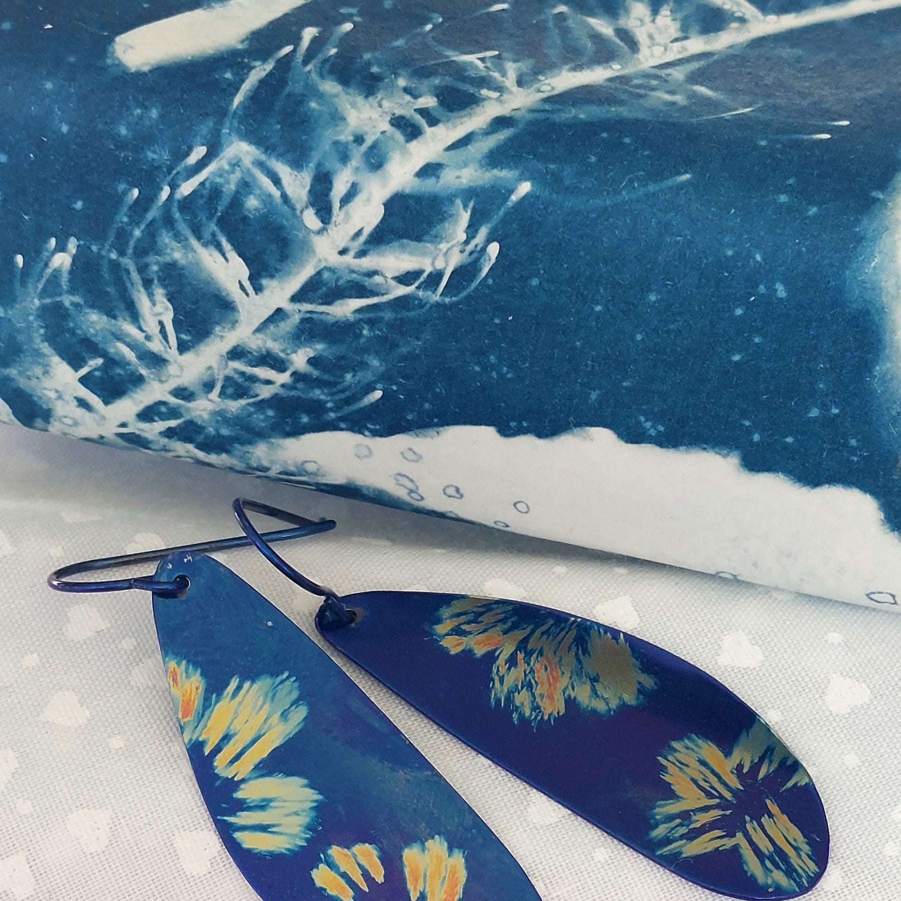 Deep Electric Blue Titanium Dangles with Painted Floral Design