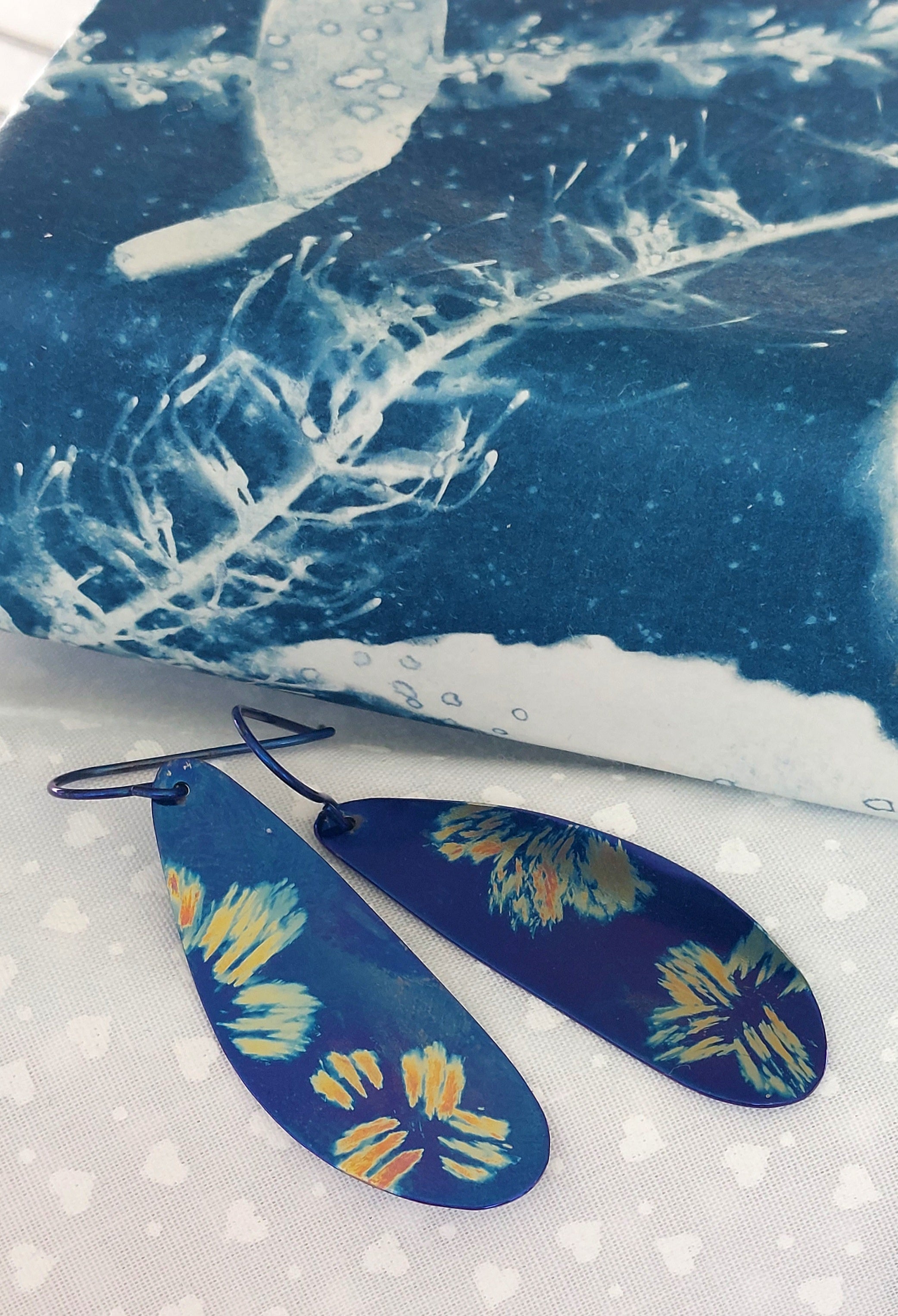 Deep Electric Blue Titanium Dangles with Painted Floral Design