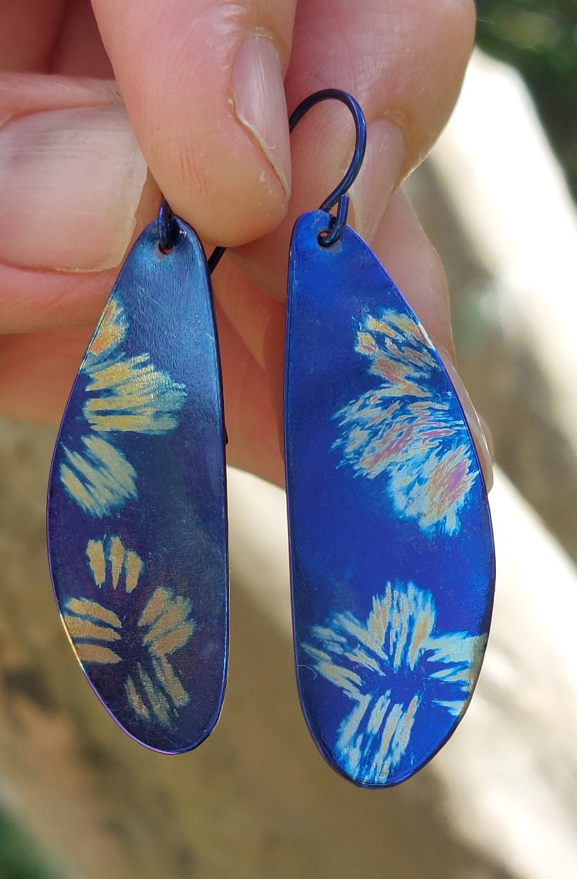 Deep Electric Blue Titanium Dangles with Painted Floral Design
