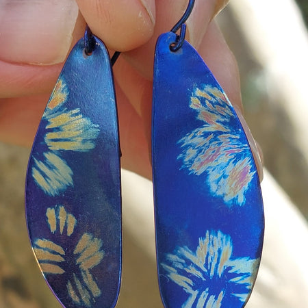 Deep Electric Blue Titanium Dangles with Painted Floral Design