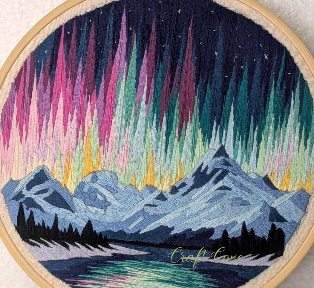 Northern Lights Mountain Landscape Embroidery – Hand Stitched Textile Art in Hoop