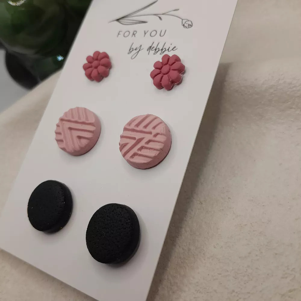 pink and black stud trio- polymer clay, hypoallergenic