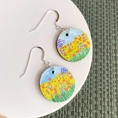 Flowering fields hand painted wood dangle earrings