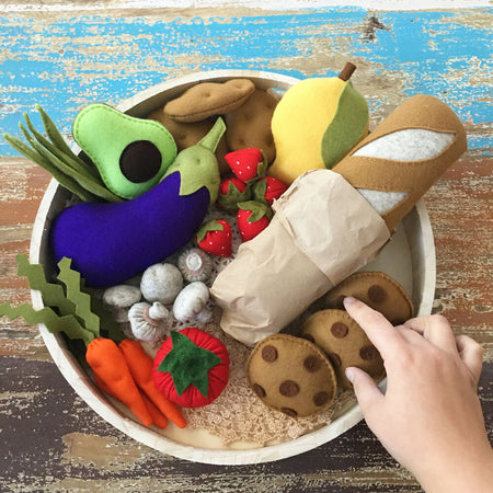 Produce box, felt play food, fruit and veggies