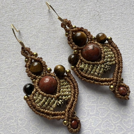 Micro Macrame Earrings - Jasper & Tiger’s eye #1