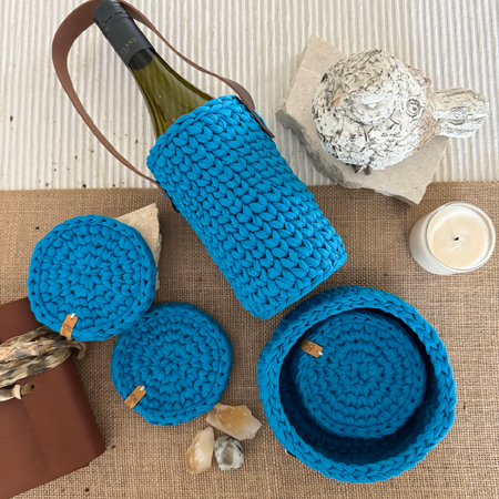 Handmade Crochet Wine Tote Basket Coaster Set | Bright Blue
