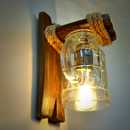 Wall lamp of wood and a beer glass, wall sconce