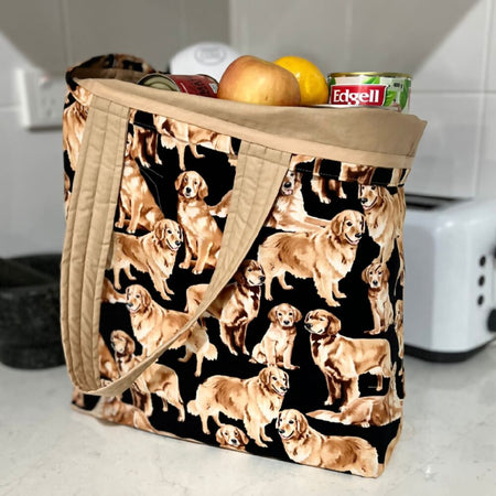 Grocery Tote ... Lined with storage pouch… Golden Retriever
