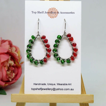 Green Red Christmas Teardrop Wire Wrapped Earrings