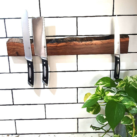 Wall mounted Magnetic Knife Holder, 50cm, Holds 9 knives,Made in Rockingham W.A., Gorgeous Blackbutt Timber, Beautiful Wedding Present or Anniversary Gift, Natural Edge