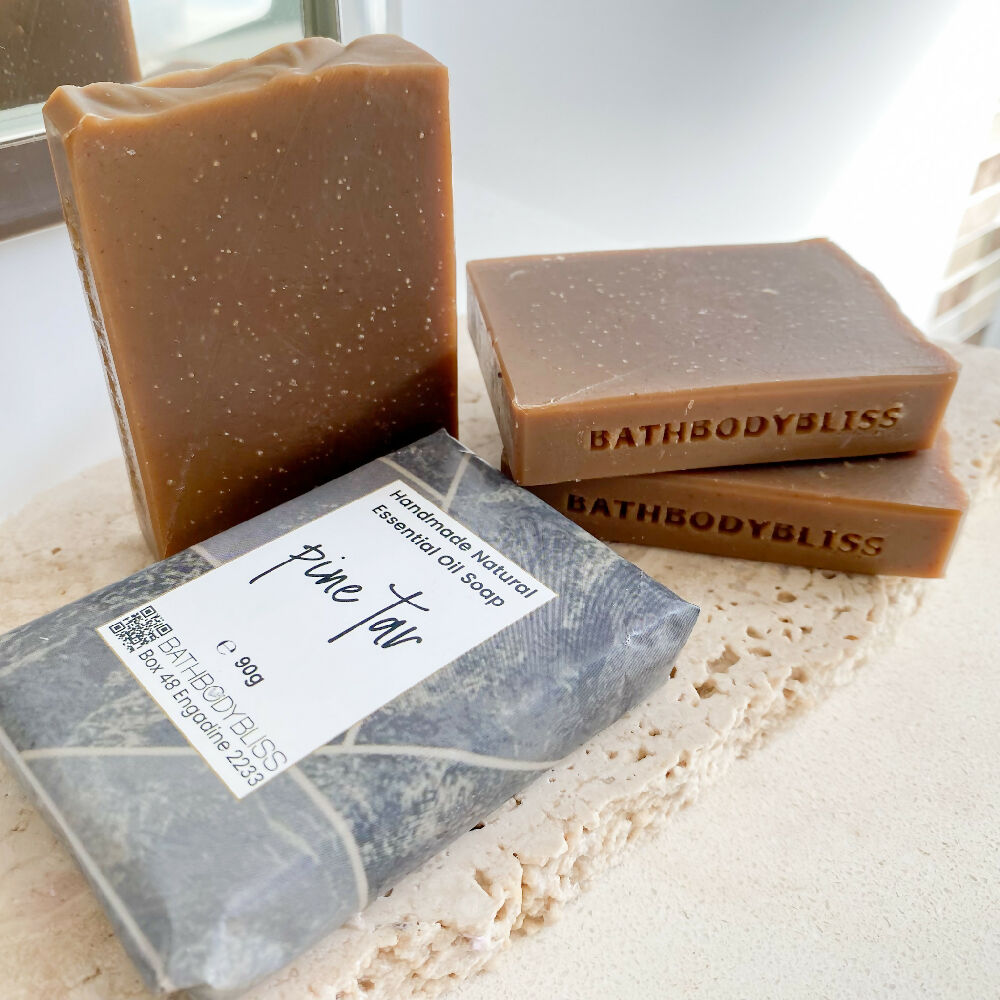 Handmade natural pine tar soap - slim cut - 3 unwrapped soaps & 1 wrapped soap - view 3