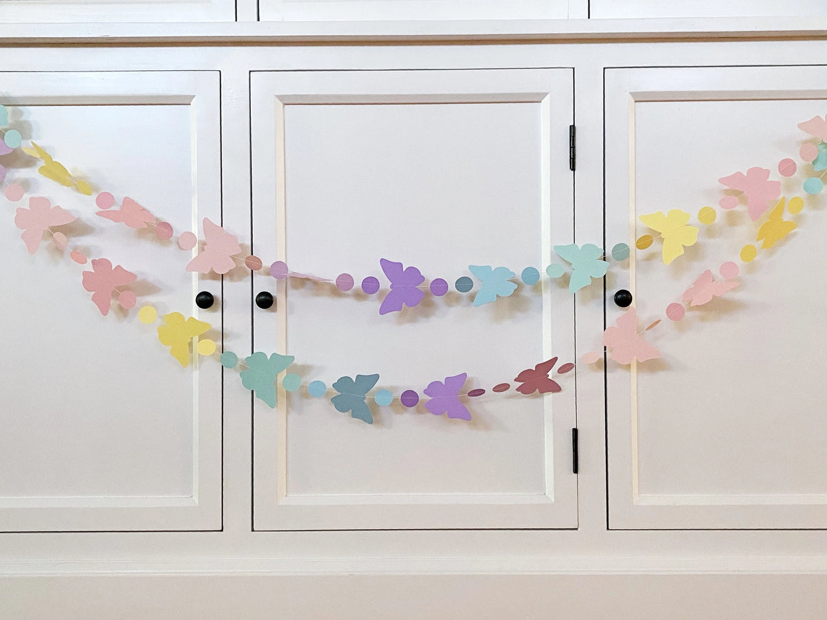 Pastel butterfly garland, birthday party decor.