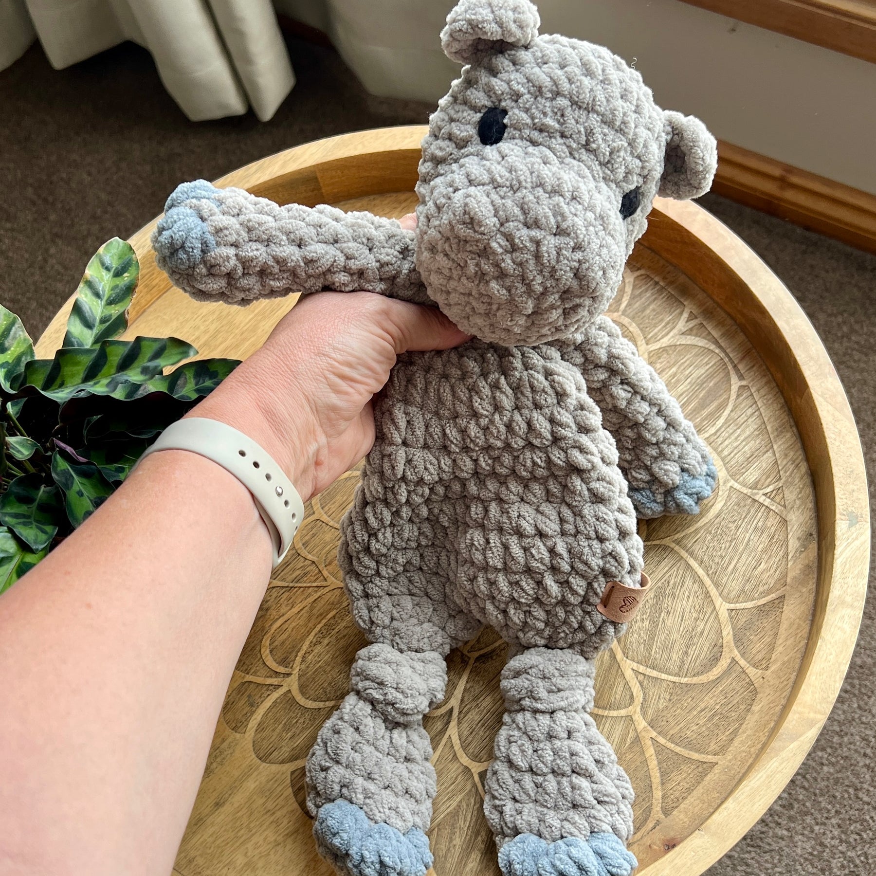 Handmade modern crochet Hippo lovey toy snuggler plushie.
