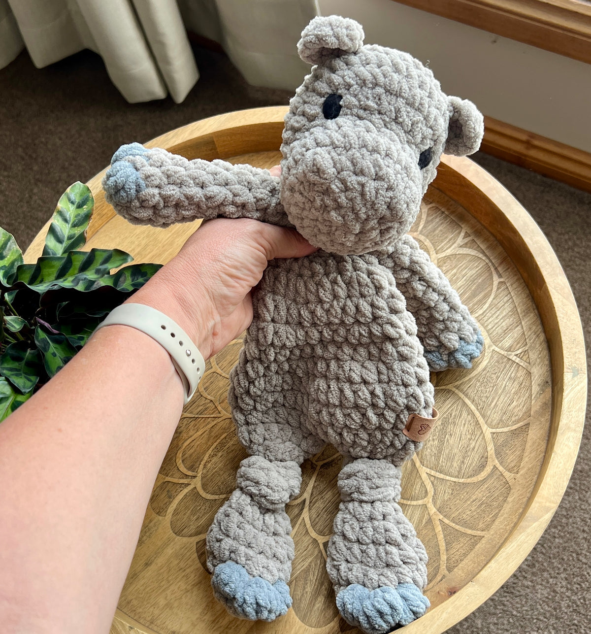 Handmade modern crochet Hippo lovey toy snuggler plushie.