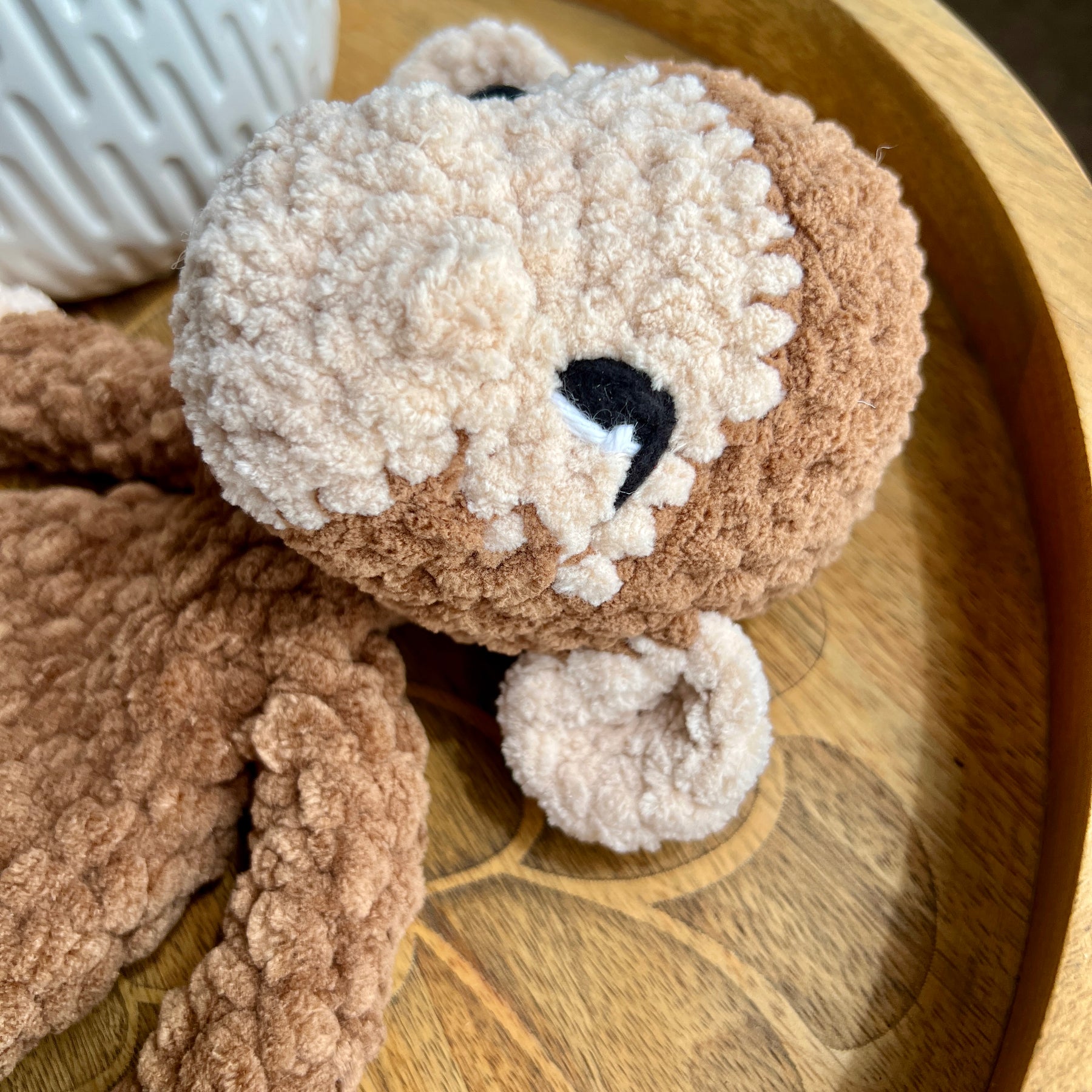 Handmade modern crochet toy monkey lovey snuggler.