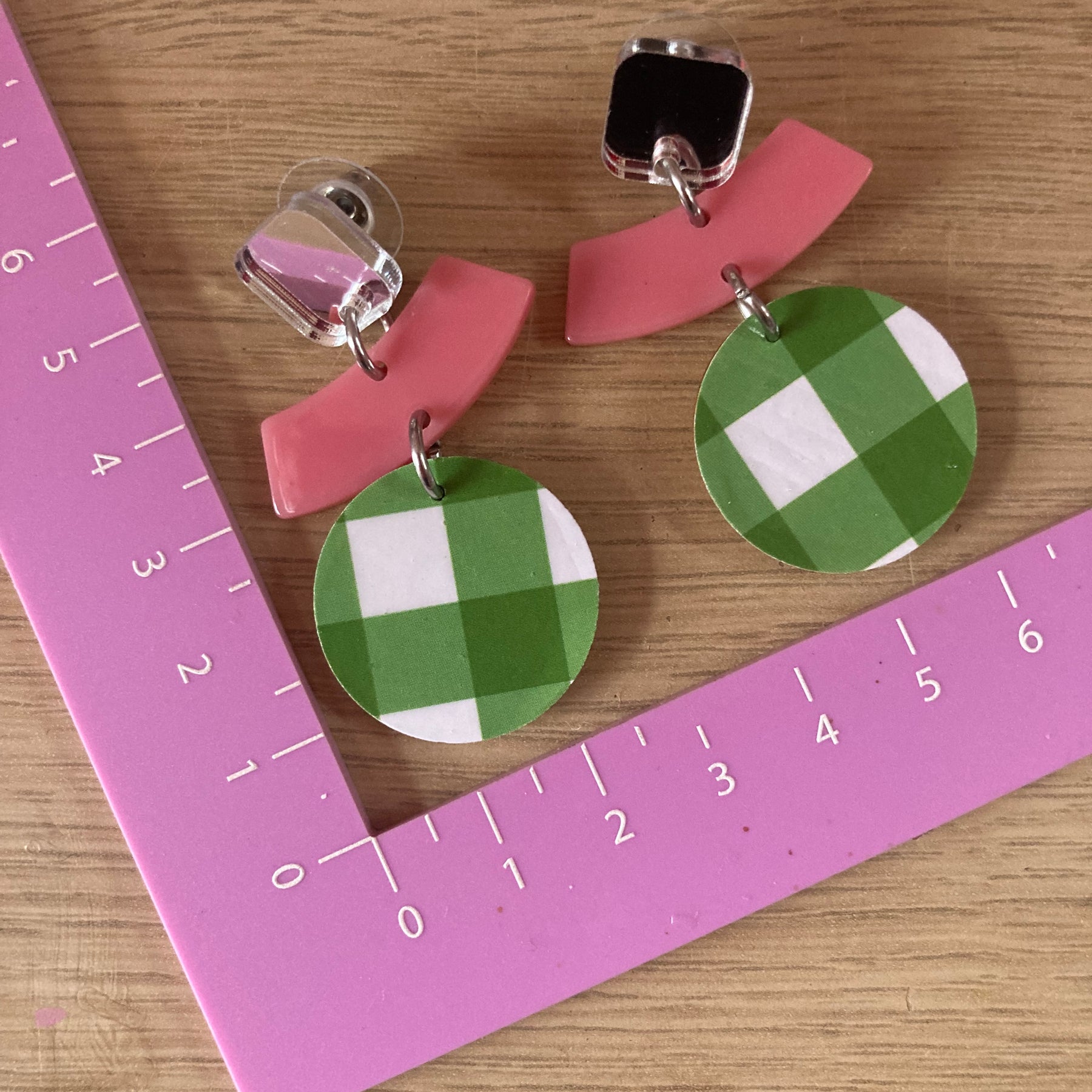 Triple layer gingham green & pink earrings