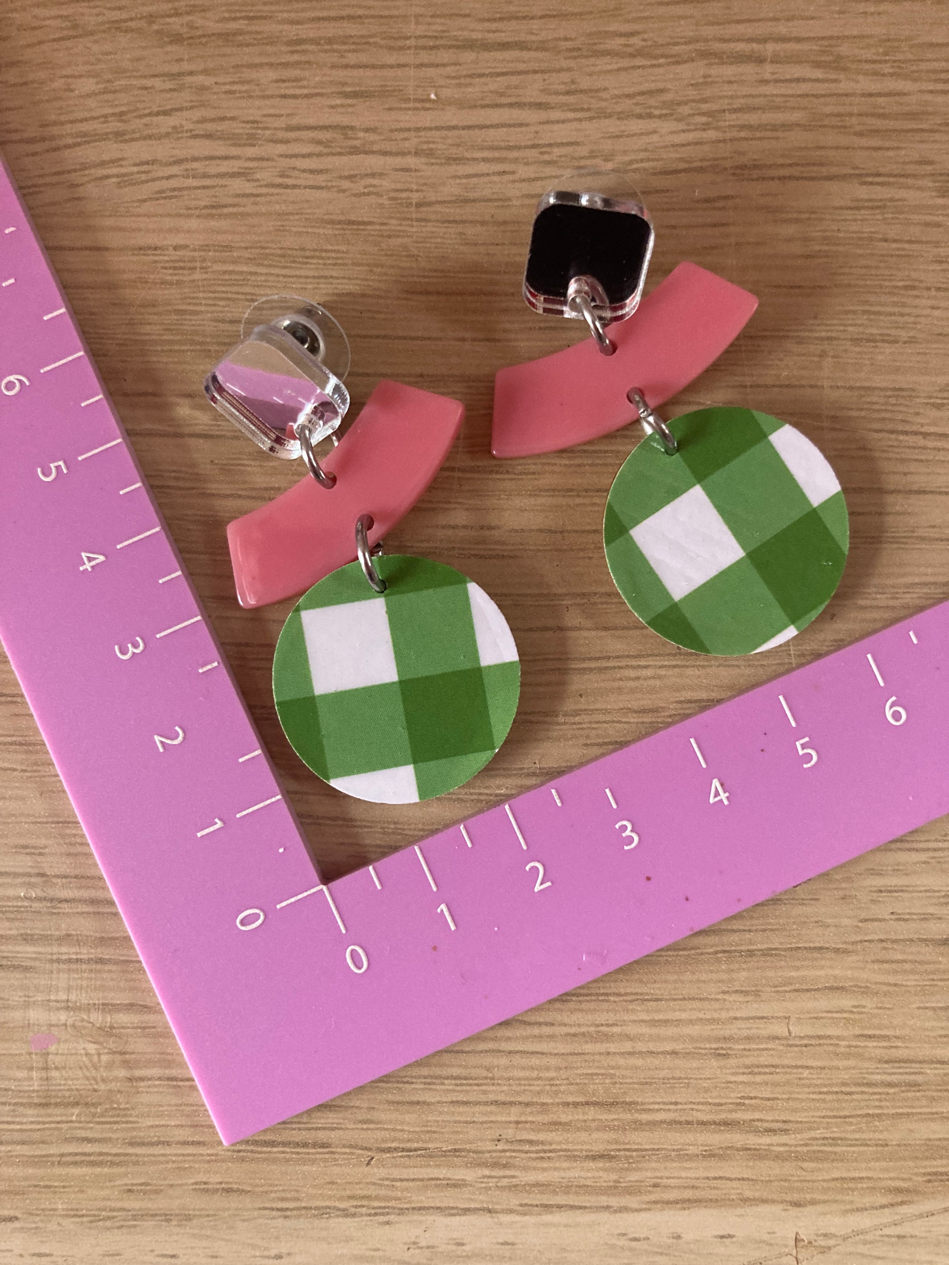 Triple layer gingham green & pink earrings