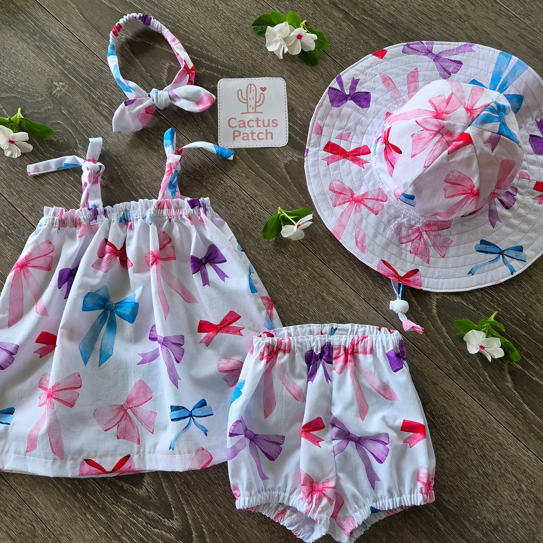 "Beautiful Bows" Dress, Bloomers, Bow & Sunhat - 3-6 Months