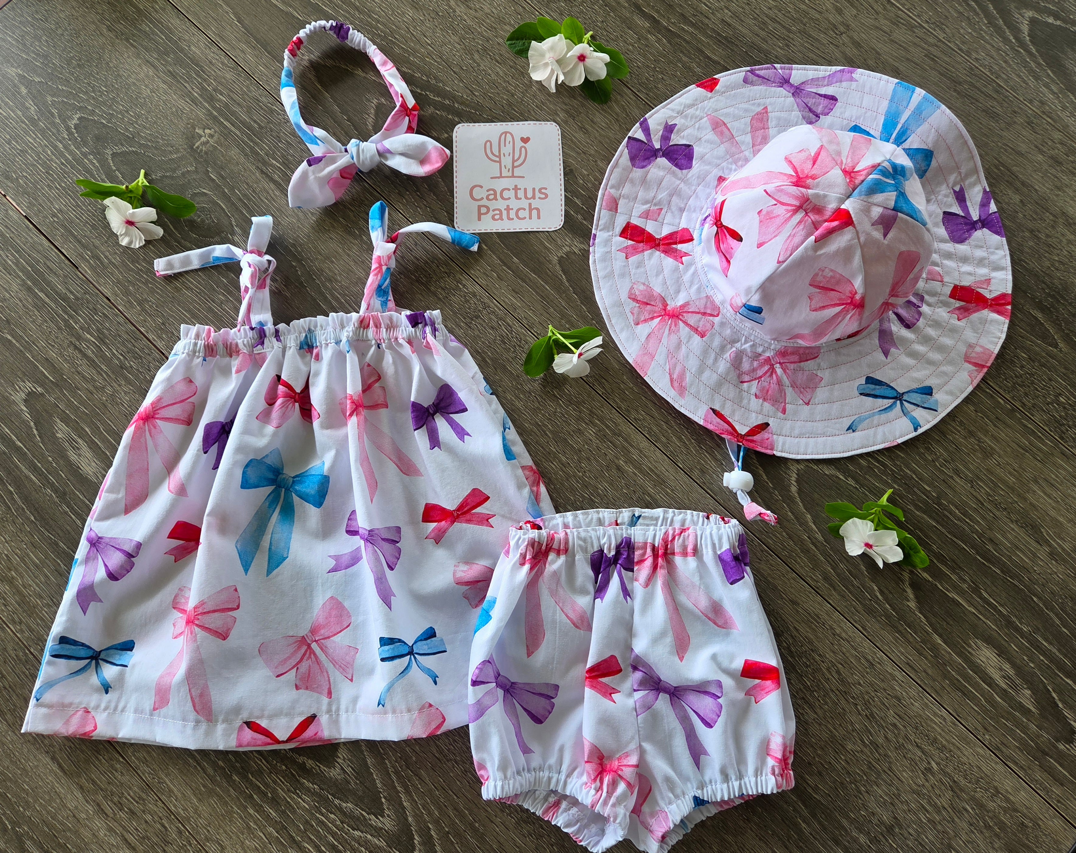 "Beautiful Bows" Dress, Bloomers, Bow & Sunhat - 3-6 Months
