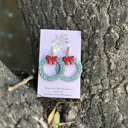 Christmas Wreath with Shiny Red Bow Earrings