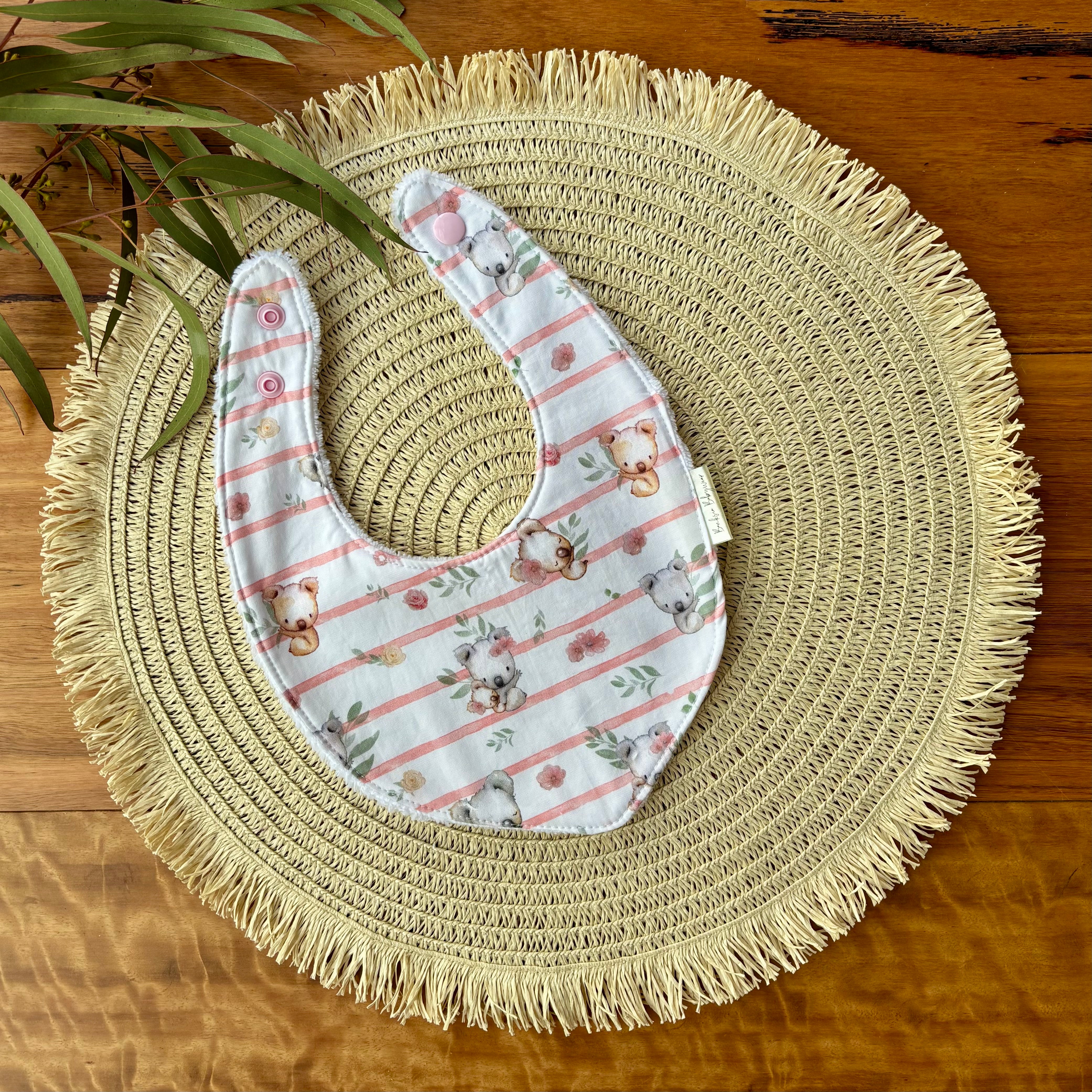 Baby Bib and Burp Cloth Set | Pink Koala Stripe | Made to Order