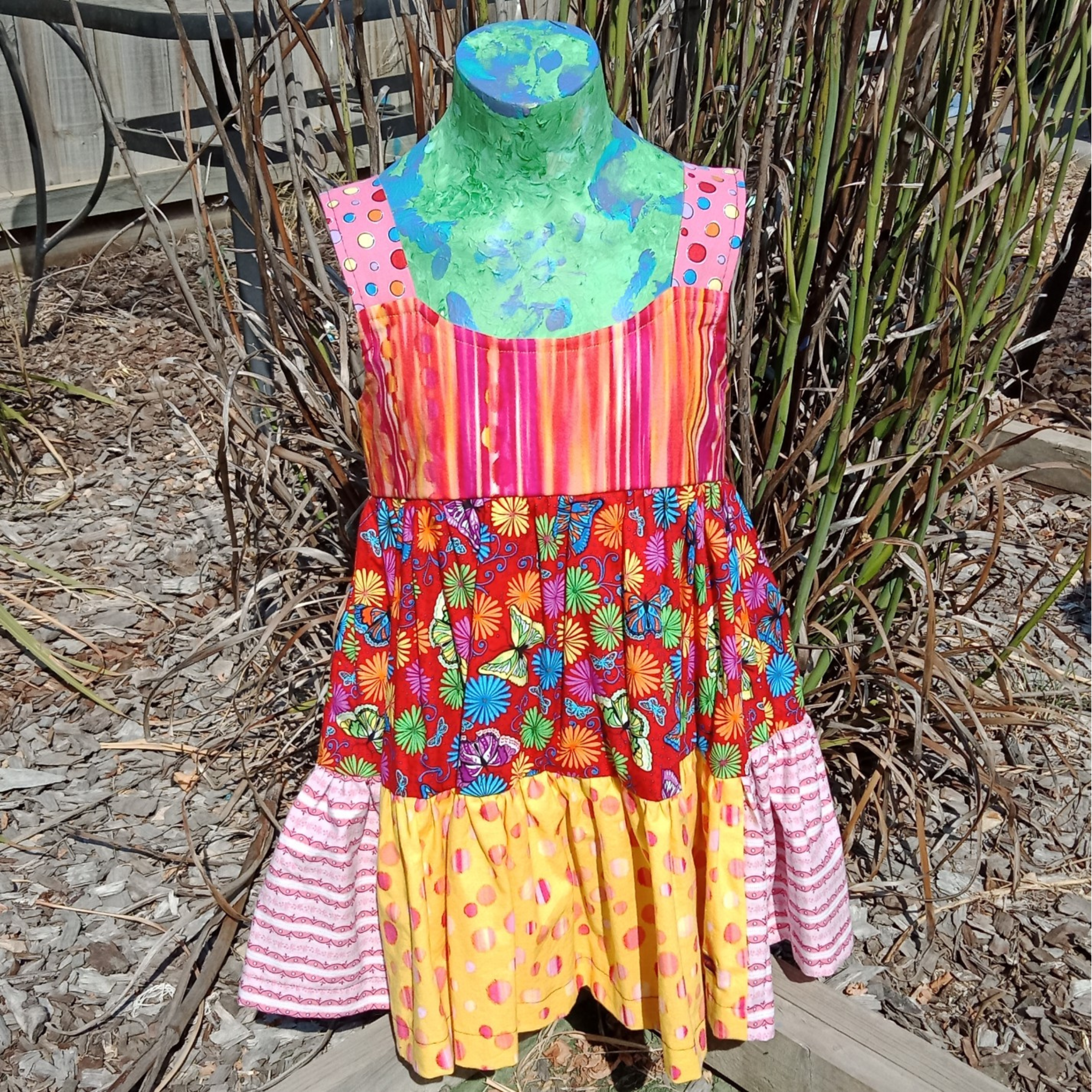 Girls Dress, Size 5, Multicoloured Stripes/Butterflies/Spots.