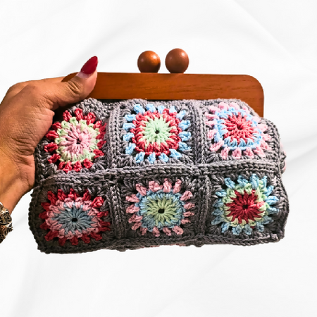 Handmade Crochet Clutch – Multicoloured Circles with Paisley Lining