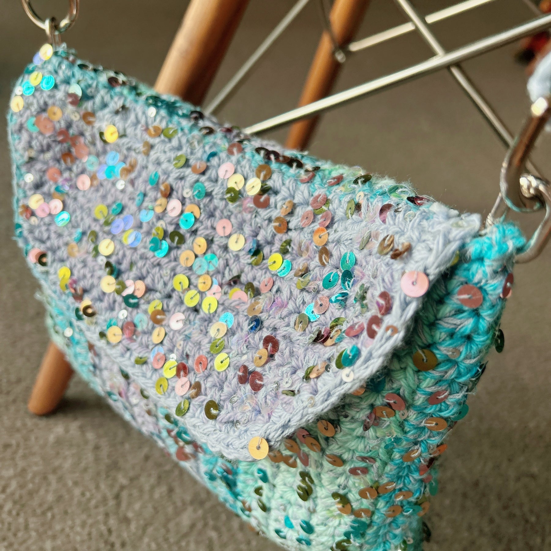 Handmade Cotton Crochet Sequin Crossbody Bag, Sparkly Statement Bag