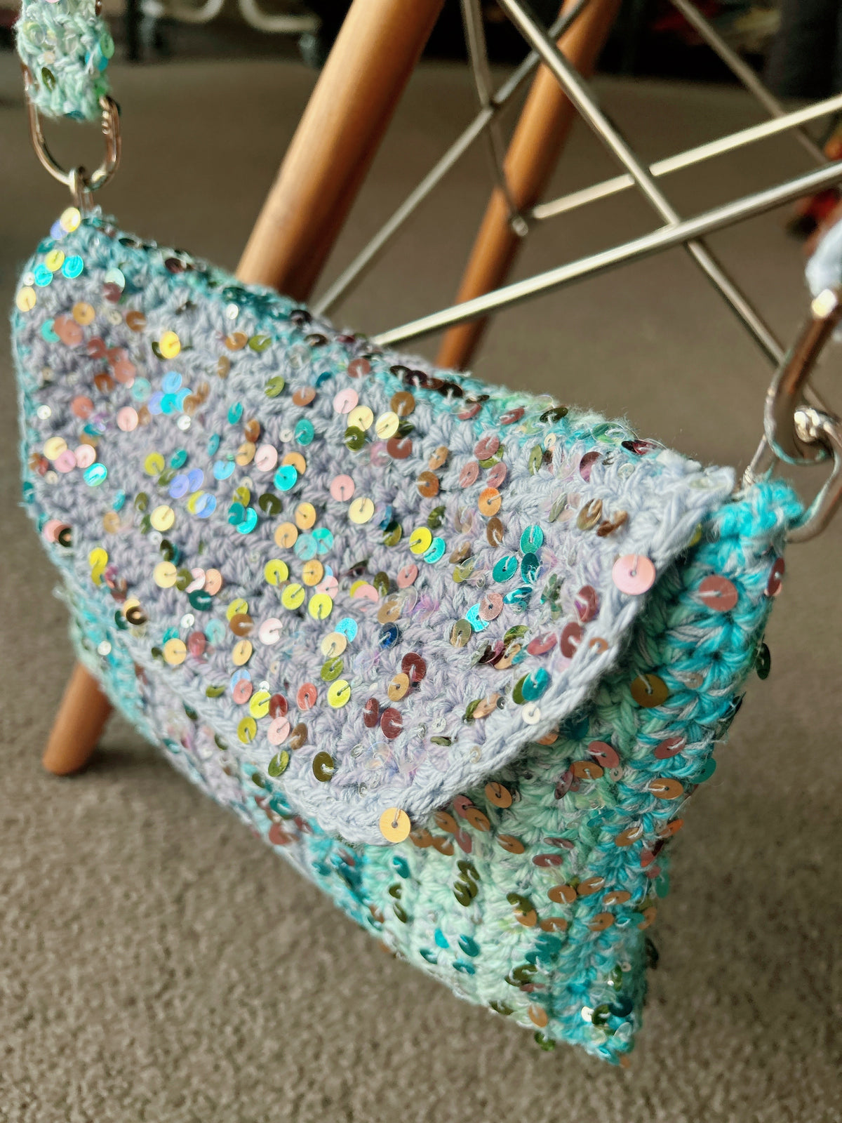 Handmade Cotton Crochet Sequin Crossbody Bag, Sparkly Statement Bag