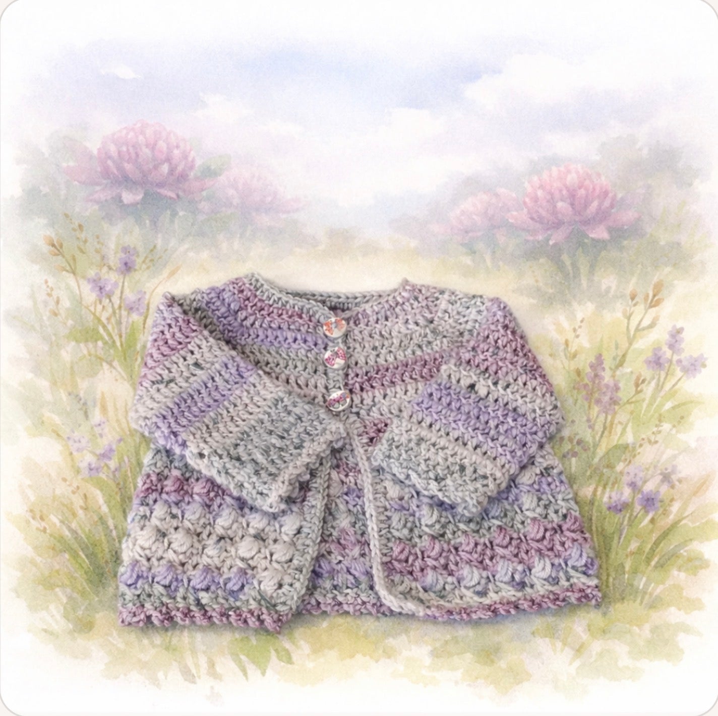 Hand Crocheted “Waratah” Baby Prints Cardigan | 0-3 months