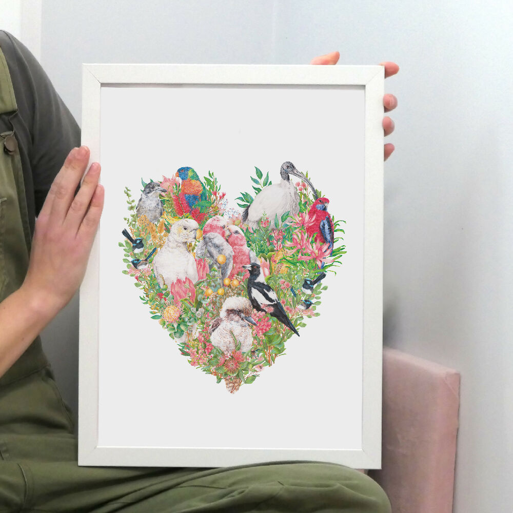 A4 art print of common native Australian birds and flowers, illustrated by Australian artist Kayla Reay.